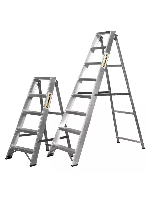 Two silver aluminium step ladders in different heights on white background.